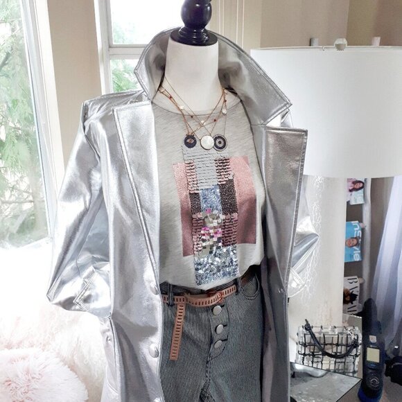 EUC Zara heather grey short sleeve t-shirt w/ sequins & painted accents, L - Picture 8 of 14